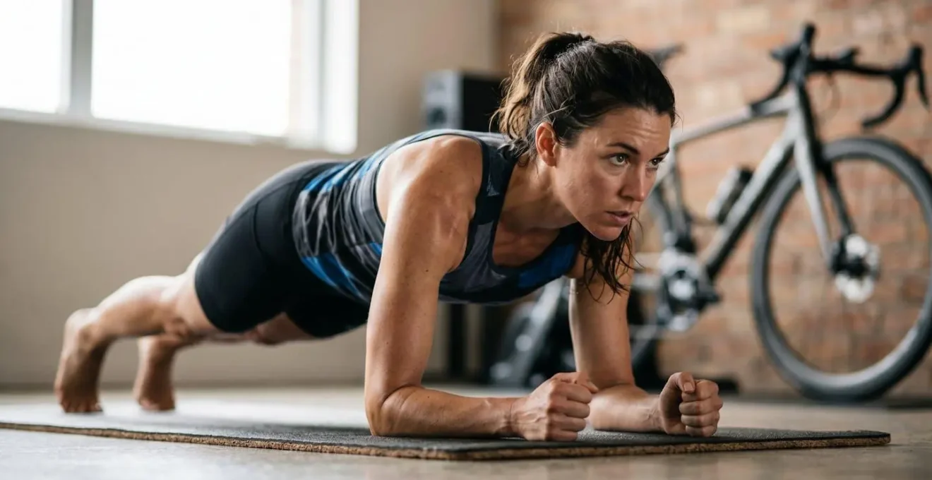 Cycliste effectuant un exercice de gainage sur tapis en position de planche avec vélo en arrière-plan