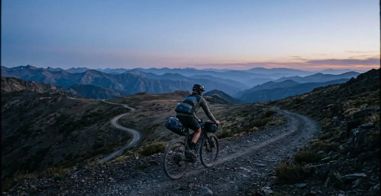 Vue d'ensemble d'un vélo de bikepacking en équilibre parfait sur chemin sinueux de montagne