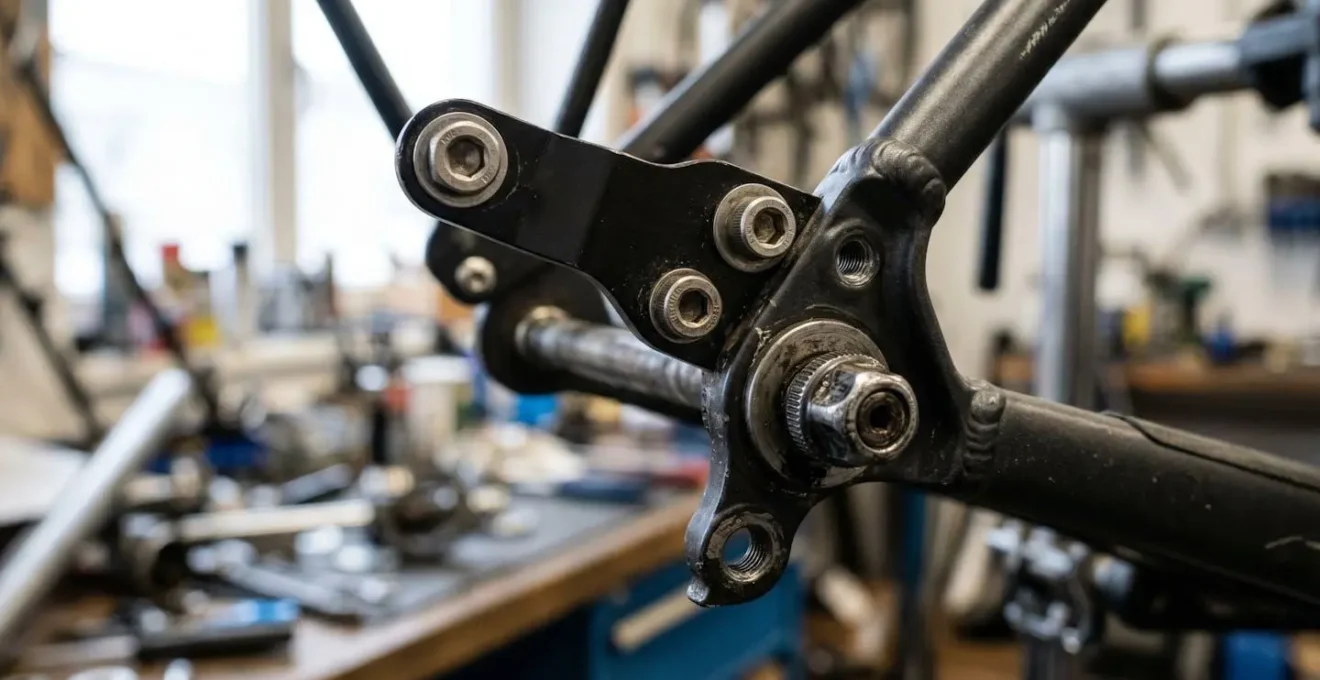 Gros plan sur un système d'adaptateur de fixation pour porte-bagages installé sur un axe de roue de vélo