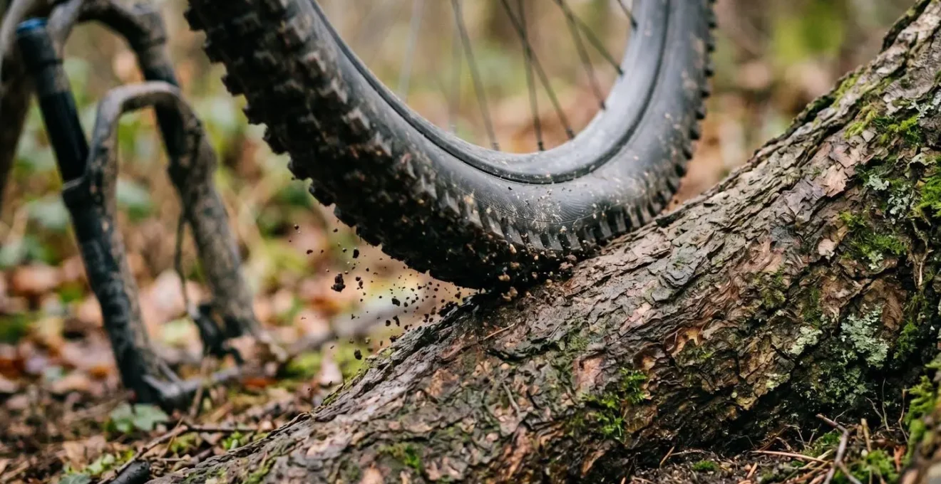 Gros plan sur une roue de VTT franchissant une grosse racine avec technique de pompage