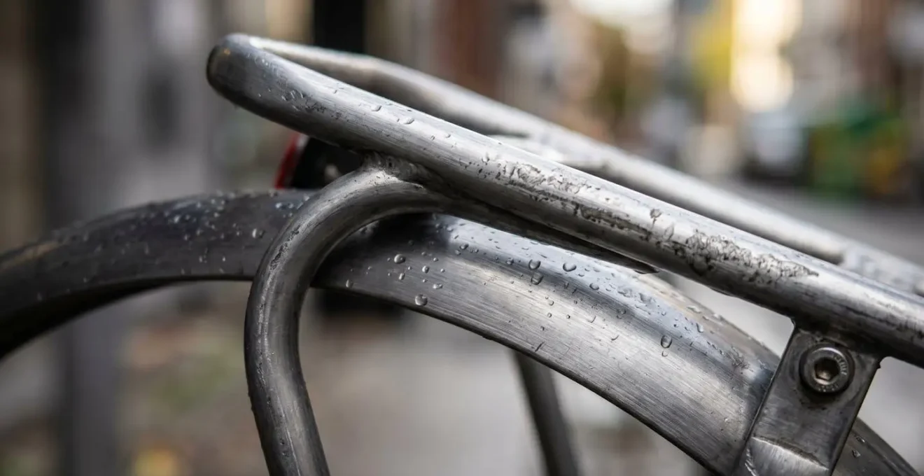 Gros plan sur un garde-boue et porte-bagages de vélo urbain illustrant l'importance des accessoires pratiques