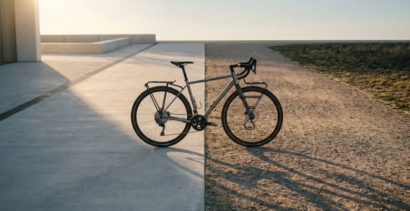 Vélo gravel en environnement urbain et naturel symbolisant la polyvalence pour usage mixte ville-chemins