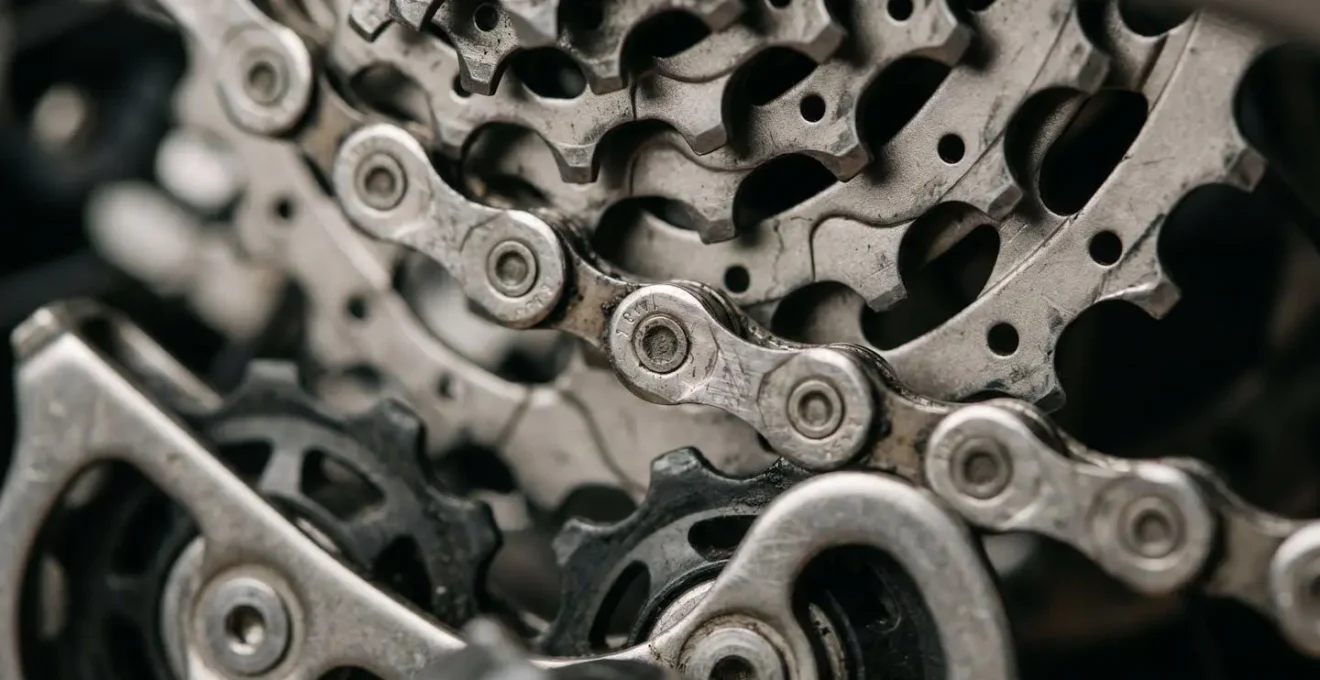 Gros plan sur composants vélo tout chemin avec détails mécaniques précis