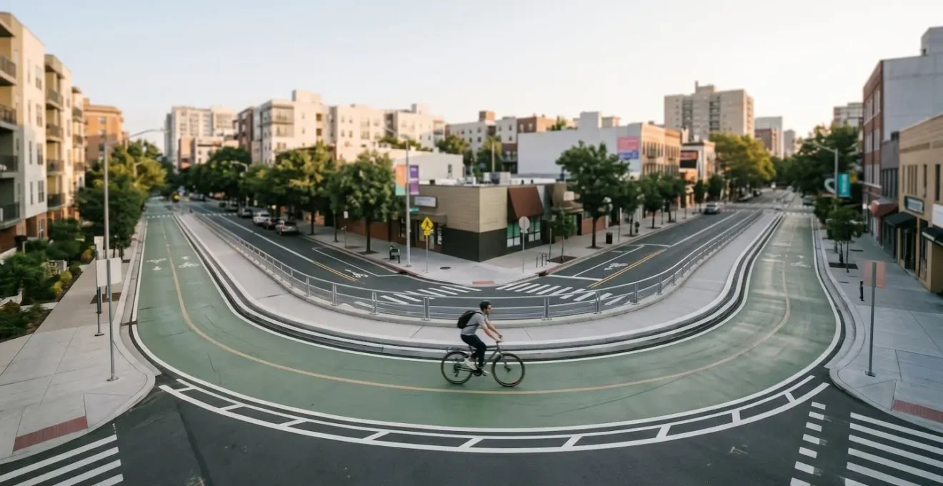 Vue aérienne illustrant un itinéraire cyclable fluide et optimisé à travers la ville