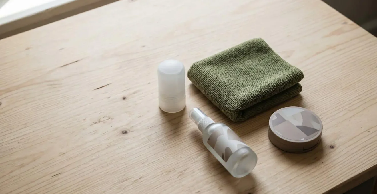 Composition minimaliste d'accessoires de rafraîchissement pour cyclistes urbains disposés sur une surface épurée
