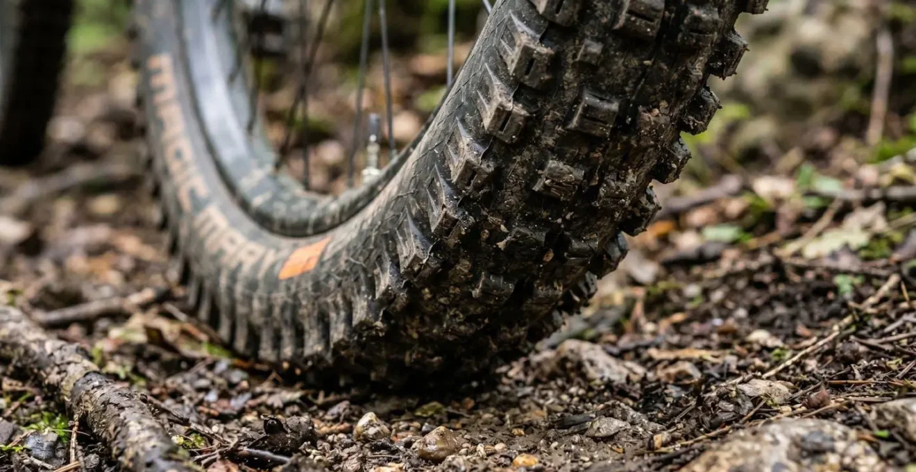 Vue macro détaillée des crampons d'un pneu VTT montrant la texture et l'espacement