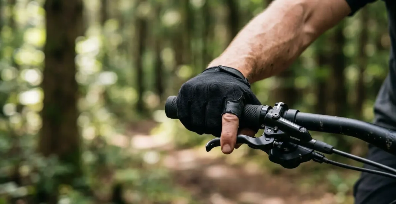 Gros plan sur les mains d'un cycliste en position de pilotage actif sur le guidon d'un VTT