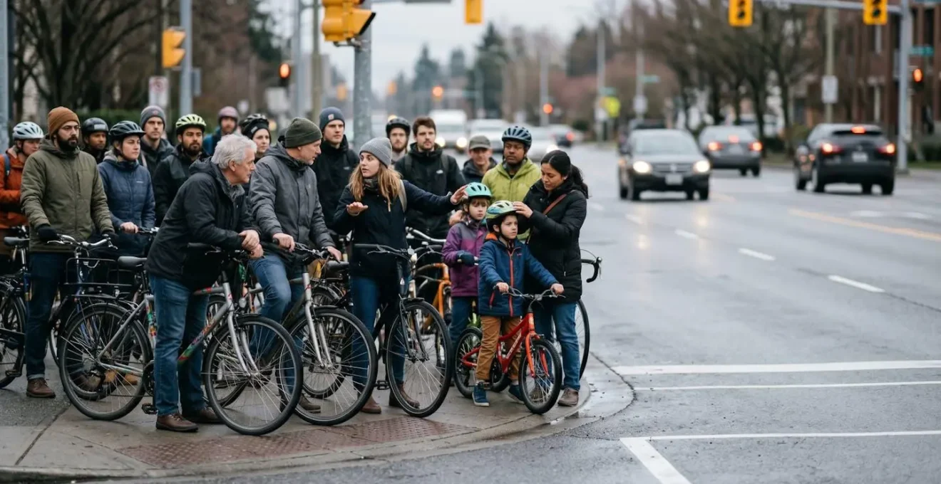 Cyclistes réunis à un carrefour urbain lors d'une action de sensibilisation pour des pistes sécurisées