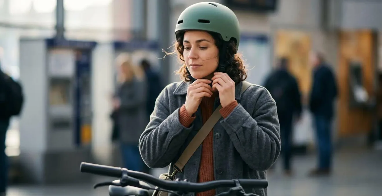 Personne en tenue décontractée urbaine ajustant son casque de vélo, illustrant le moment de préparation à un déplacement en mobilité douce.