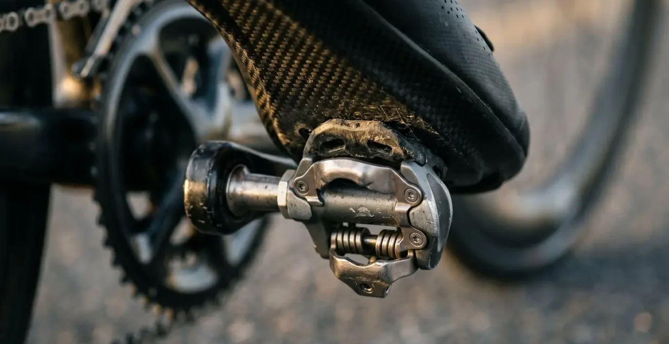 Macro détaillée sur chaussure de cyclisme clipsée sur pédale automatique en phase de traction