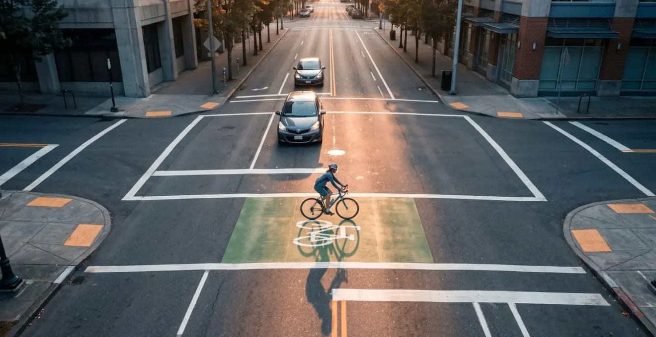 Vue aérienne d'un sas vélo avec cycliste positionné de manière stratégique devant les véhicules à un feu rouge