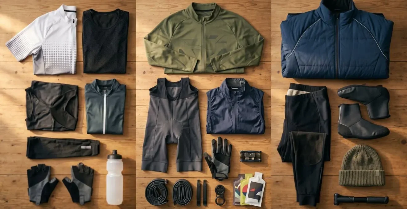 Équipement de cycliste organisé et préparé méthodiquement pour le départ matinal