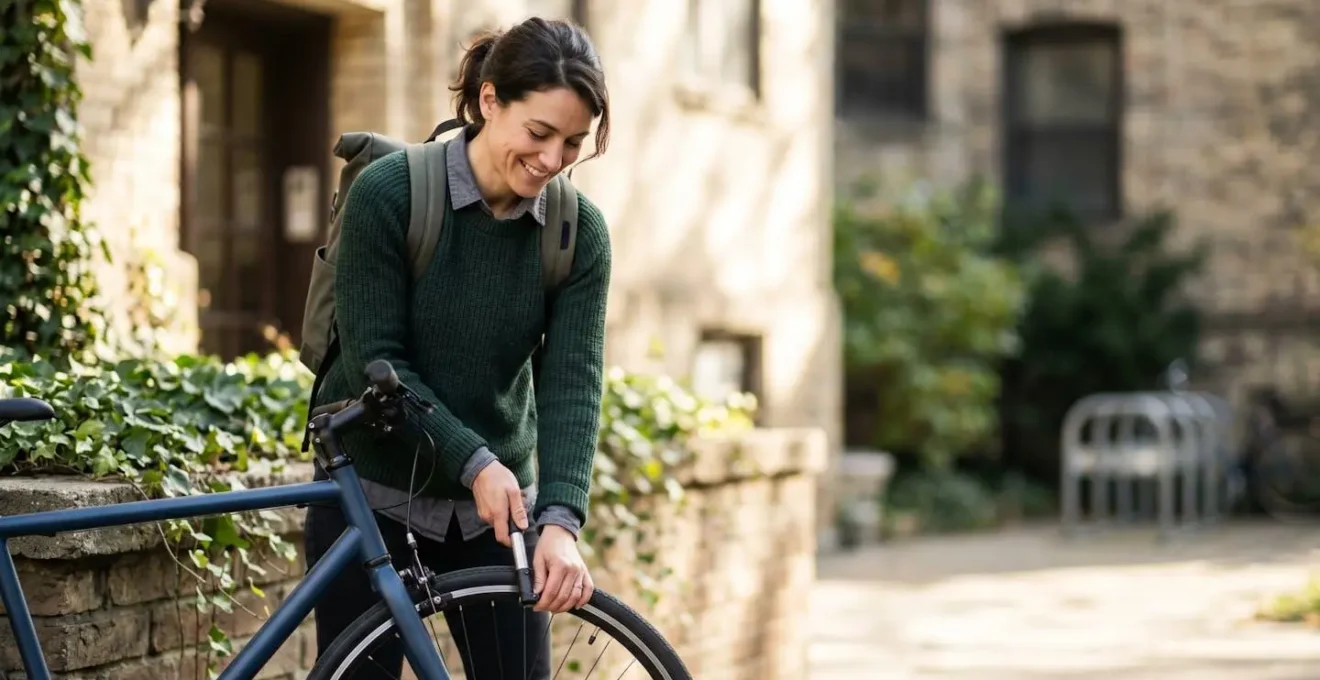 Préparation tranquille d'un trajet à vélo en ville illustrant la transition progressive vers le vélotaf