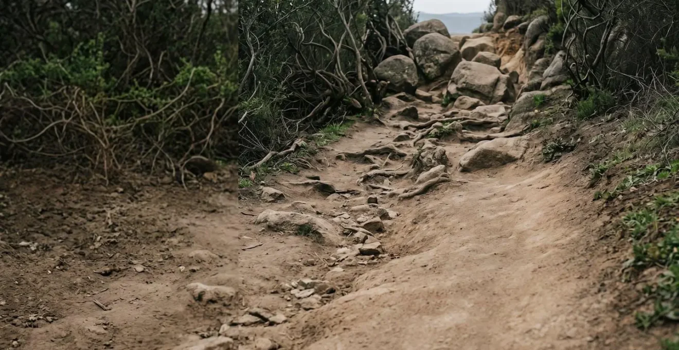 Séquence visuelle montrant la progression d'entraînement du terrain simple au terrain technique avec obstacles