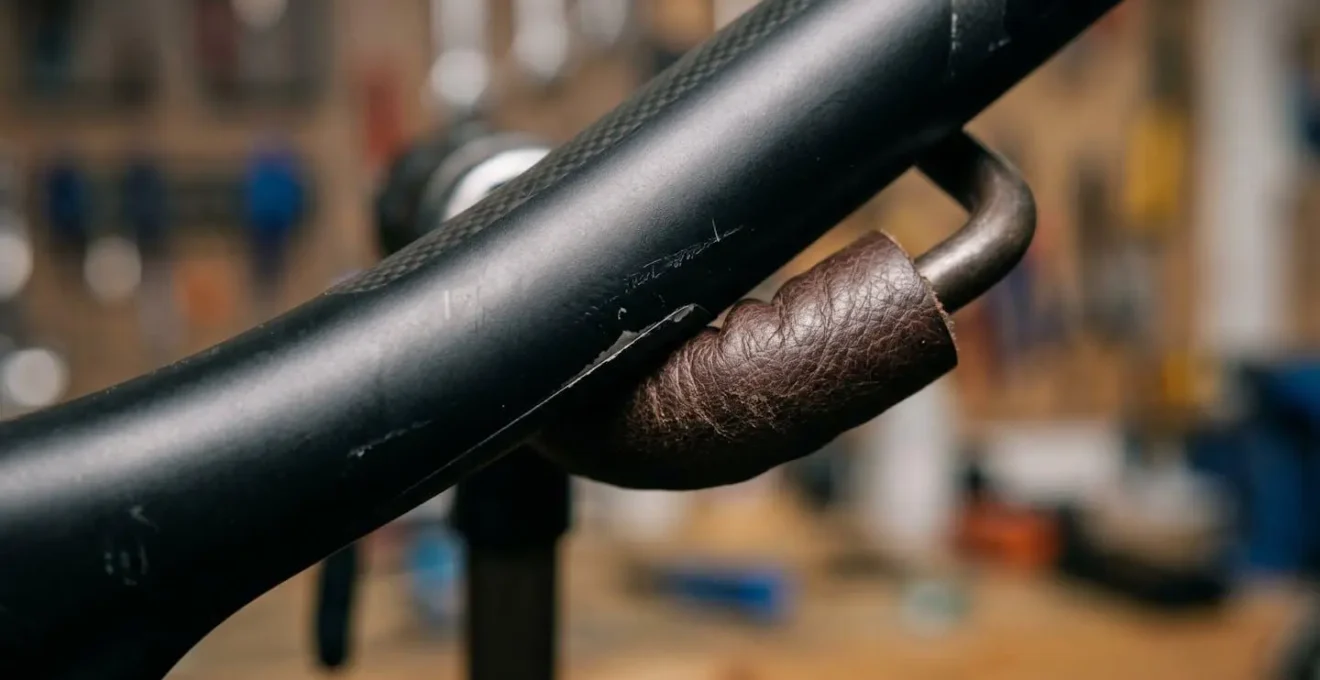 Gros plan macro sur le point de contact entre un support de vélo et un cadre avec protection textile