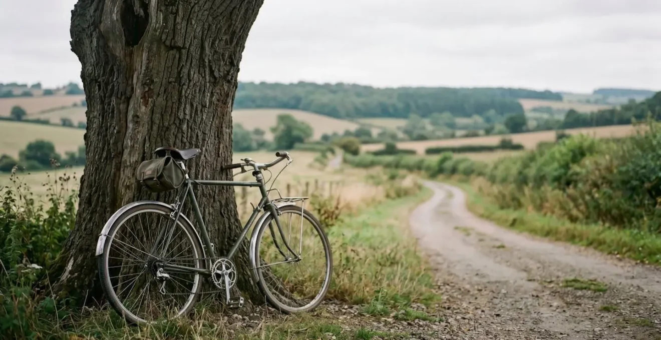 Vélo posé contre un arbre au bord d'un chemin de campagne désert, composition minimaliste avec espace négatif