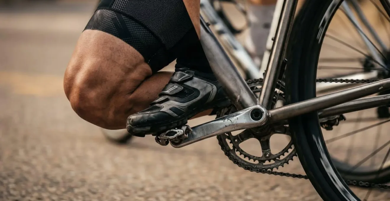 Gros plan sur les jambes d'un cycliste en mouvement avec flou de mouvement suggérant la rotation rapide des pédales