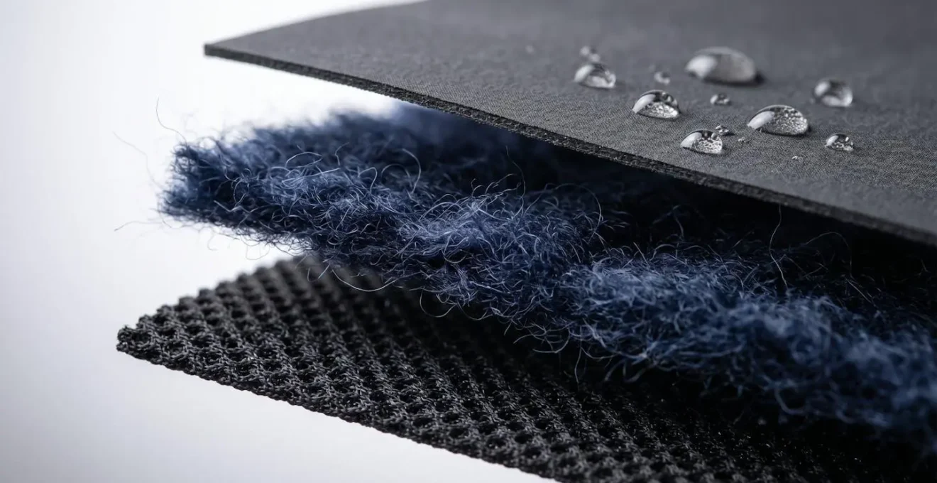 Vue macro détaillée des fibres et textures de trois couches de vêtements techniques superposées