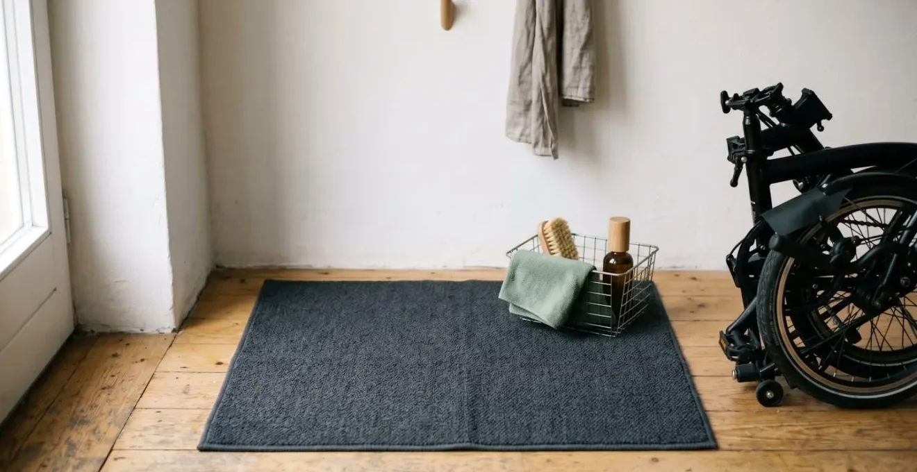 Station de nettoyage minimaliste pour vélo pliant avec tapis et accessoires organisés