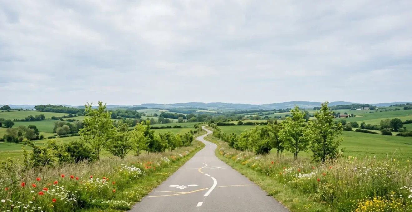 Paysage panoramique d'une véloroute sécurisée traversant la campagne française au printemps