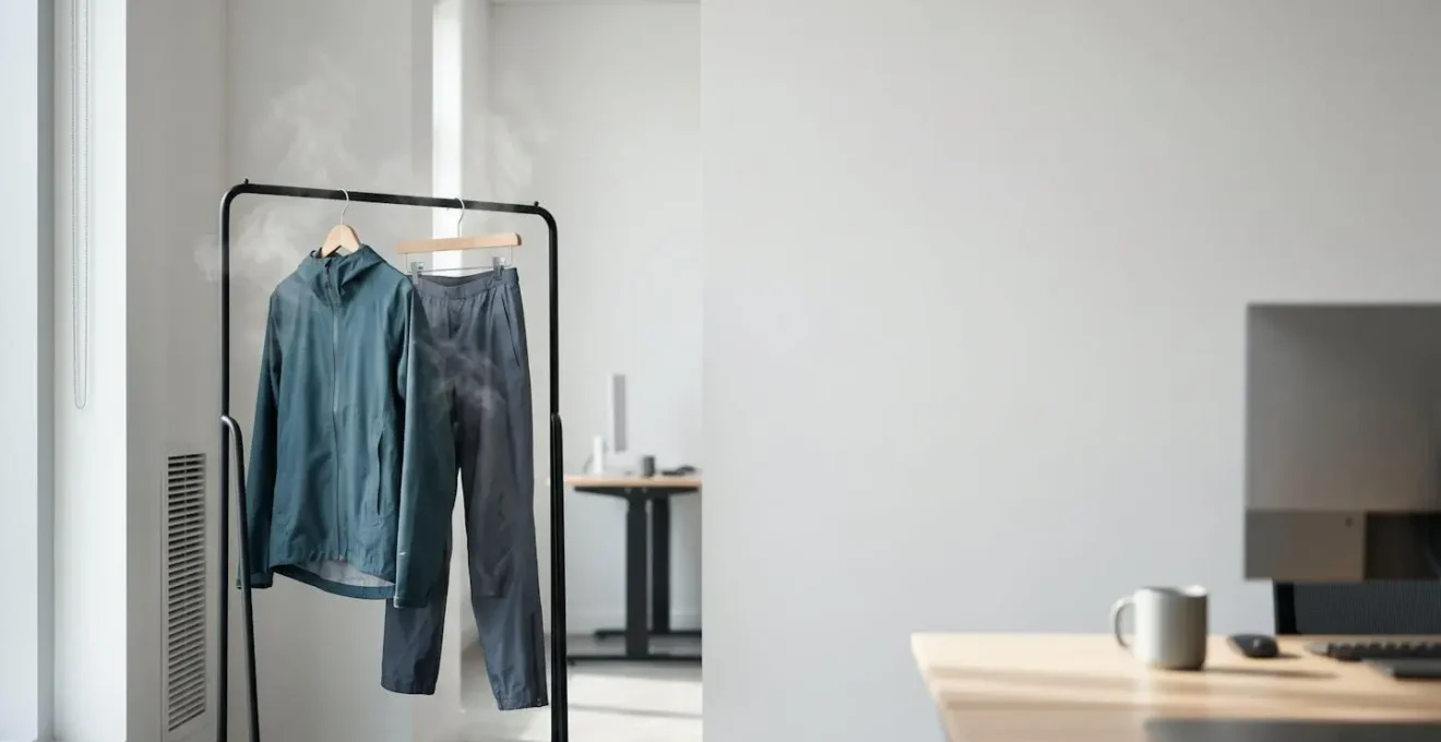 Vêtements de pluie pour vélo accrochés discrètement dans un bureau