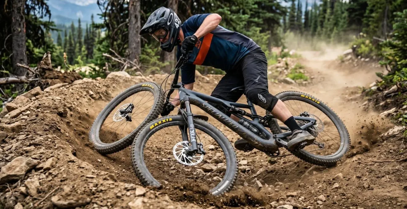 Pilote de VTT en virage serré montrant l'angle d'inclinaison et le travail des pneus avant et arrière