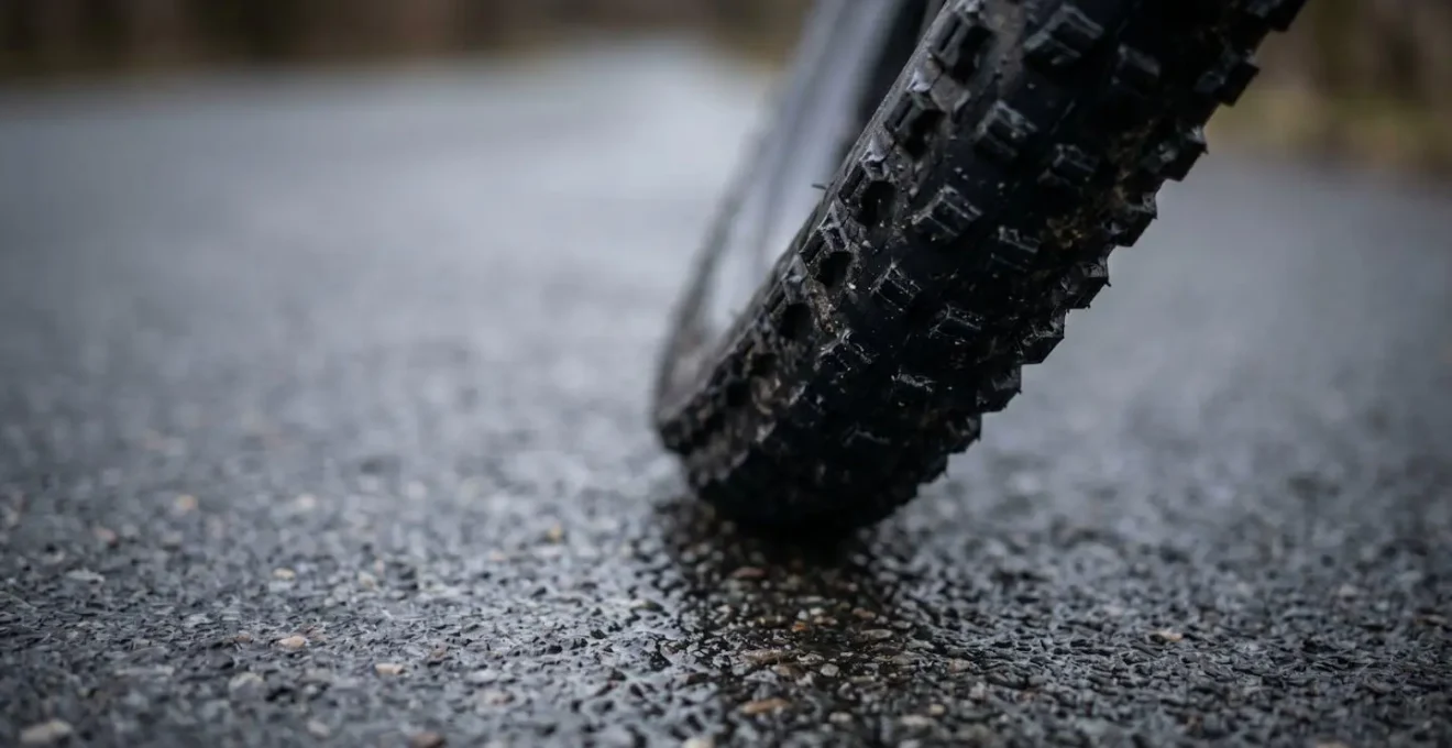 Gros plan sur pneus cramponnés de VTT sur asphalte lisse illustrant l'inadéquation